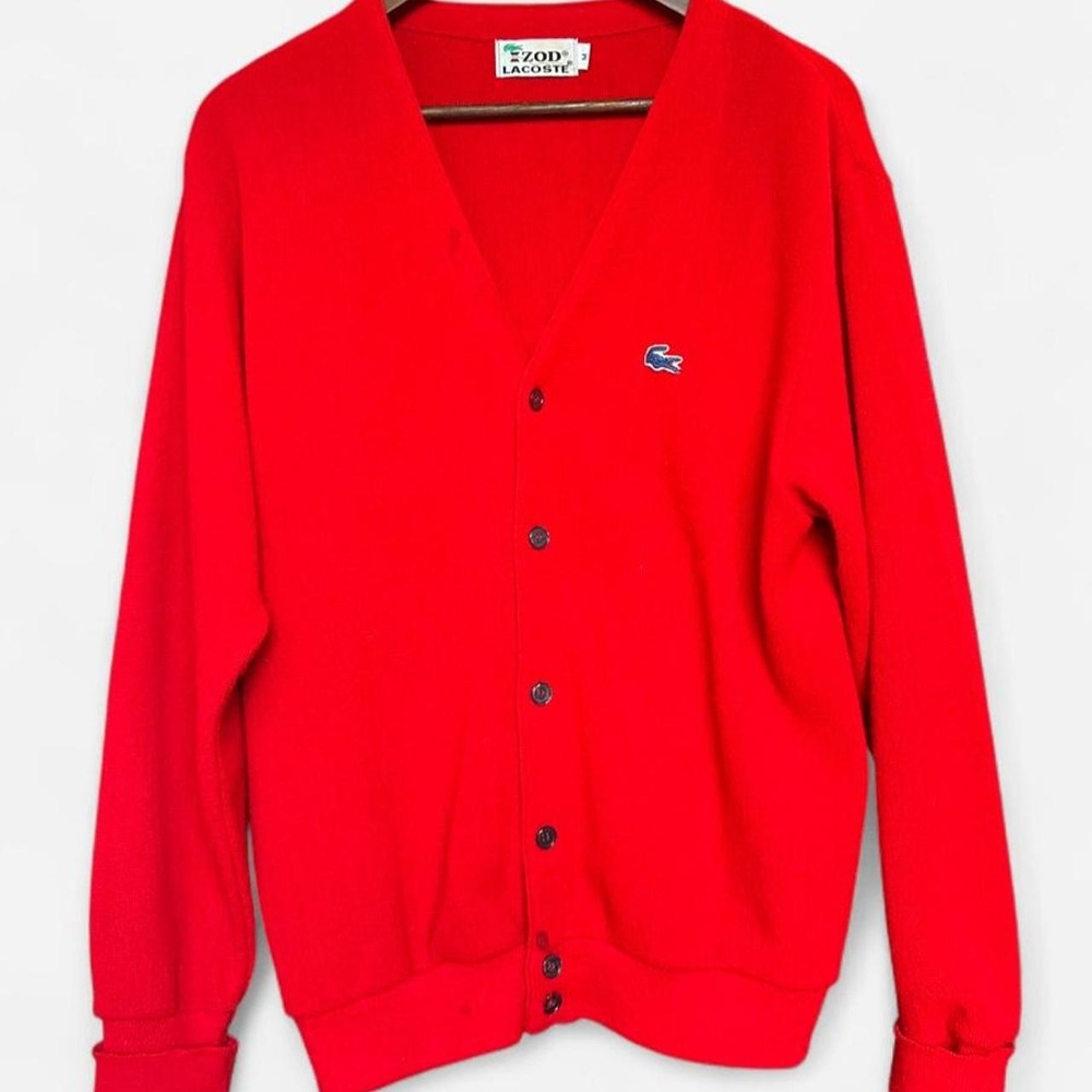 Vintage Izod Lacoste Mens Medium Red V-Neck Button Front Cardigan Sweater